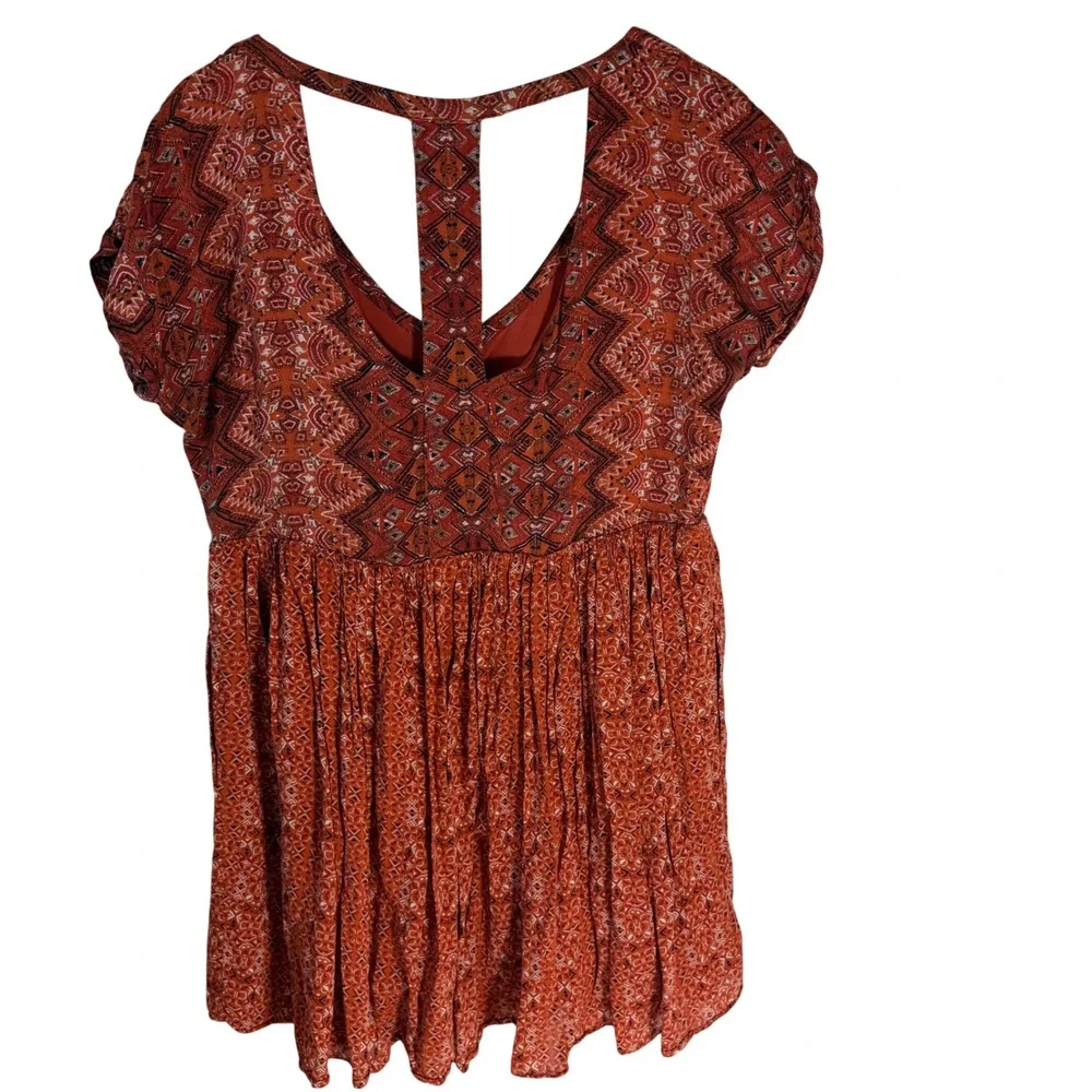 Free‎ People Sundown Orange Aztec Tribal Print T-Back Babydoll Mini Dress Medium
